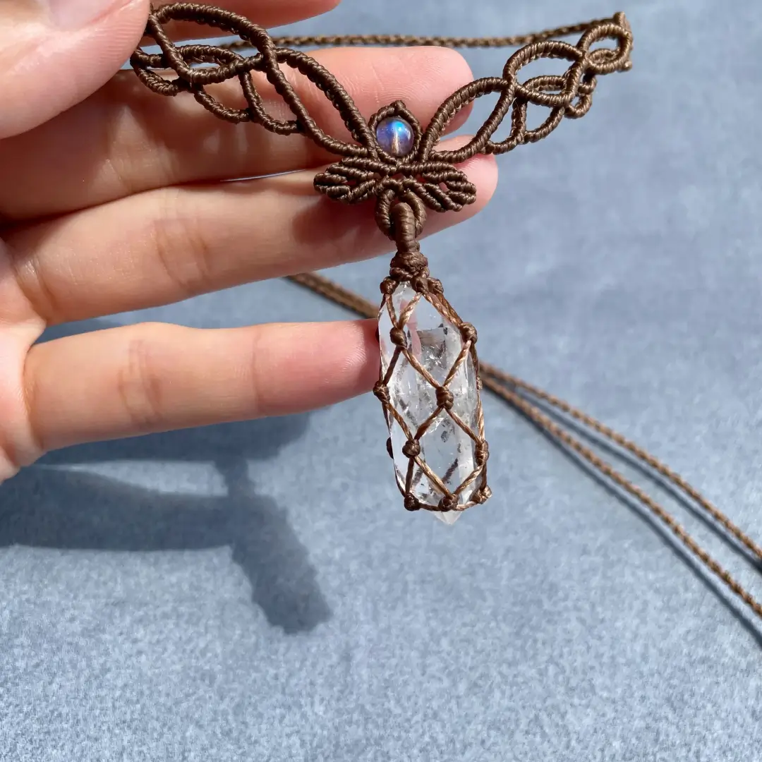 double terminated clear quartz macrame necklace