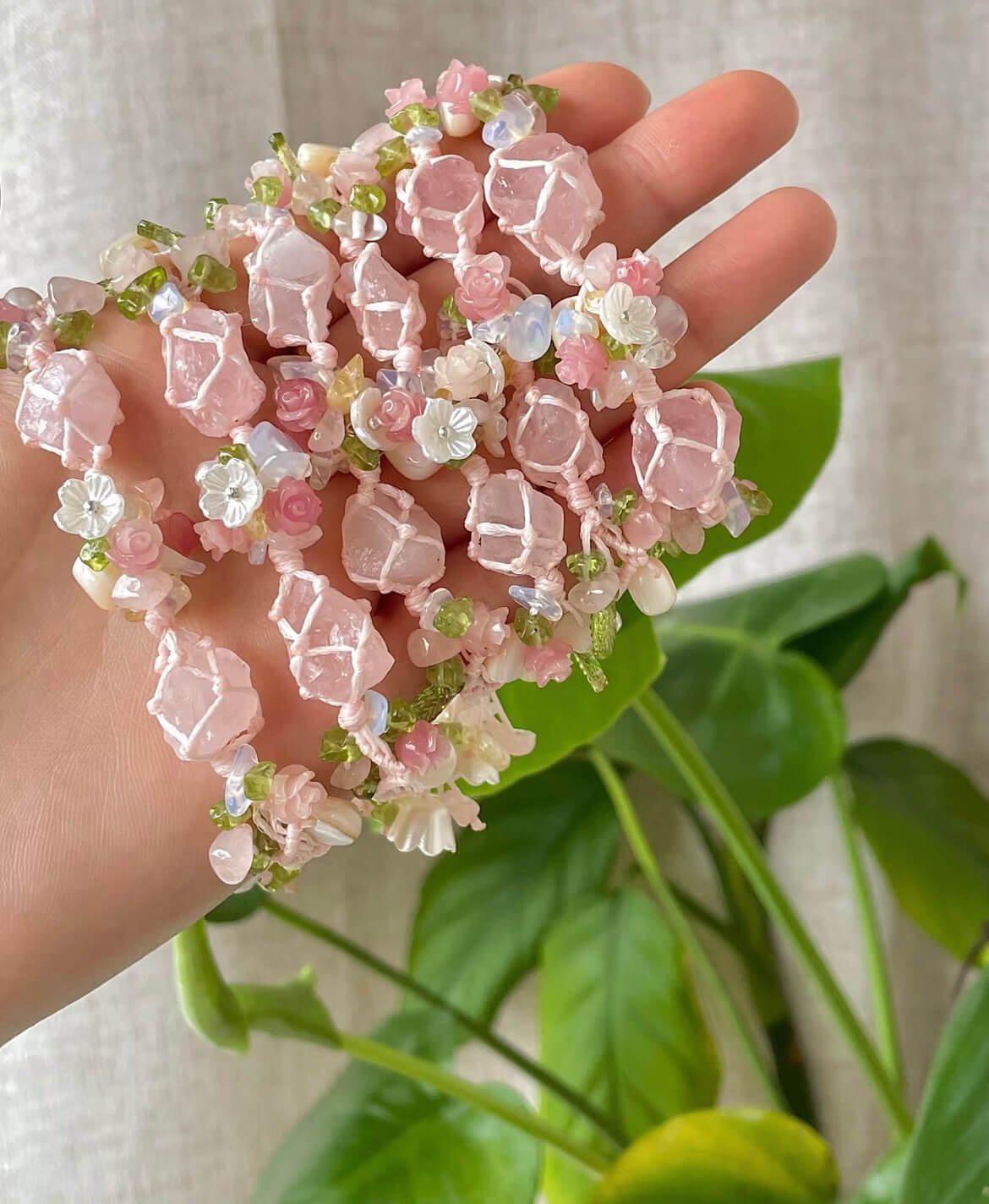 Rose Quartz Flower Macrame Bracelet