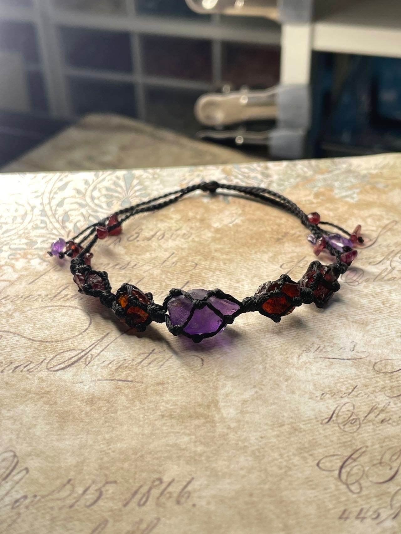 garnet and amethyst woven bracelet