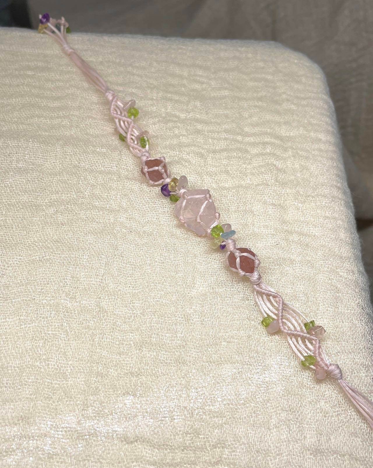 rose quartz strawberry quartz knitted bracelet