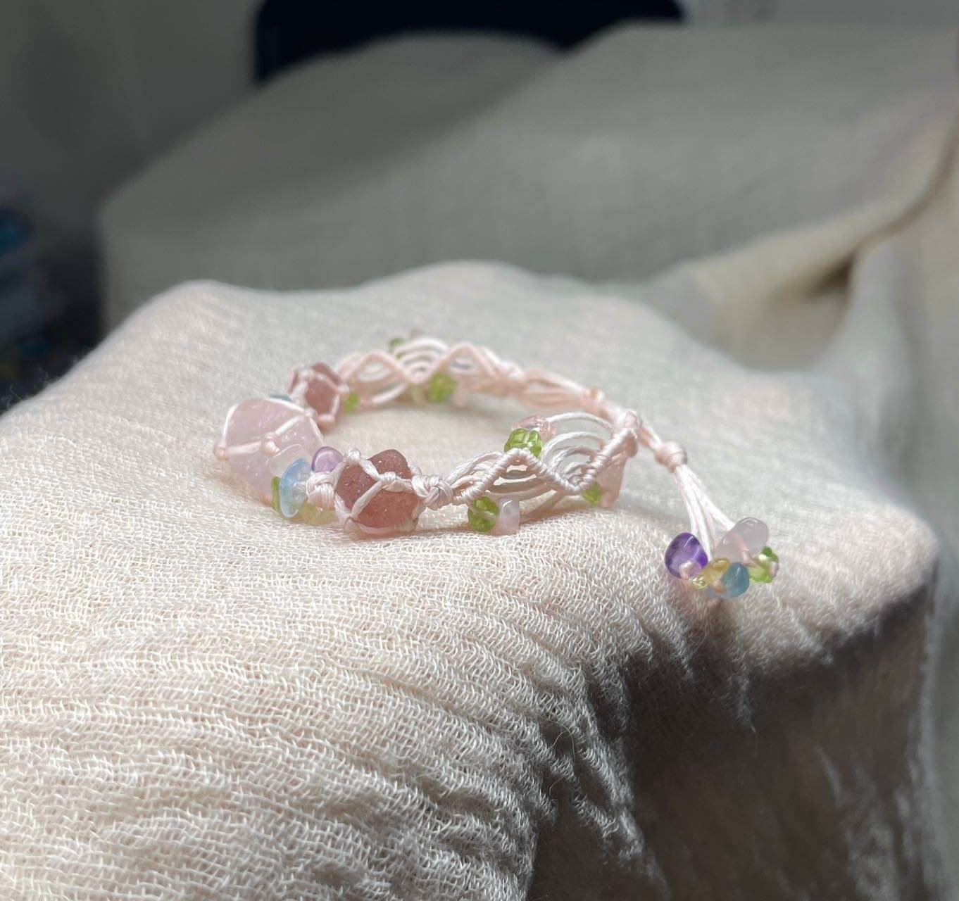 rose quartz strawberry quartz knitted bracelet