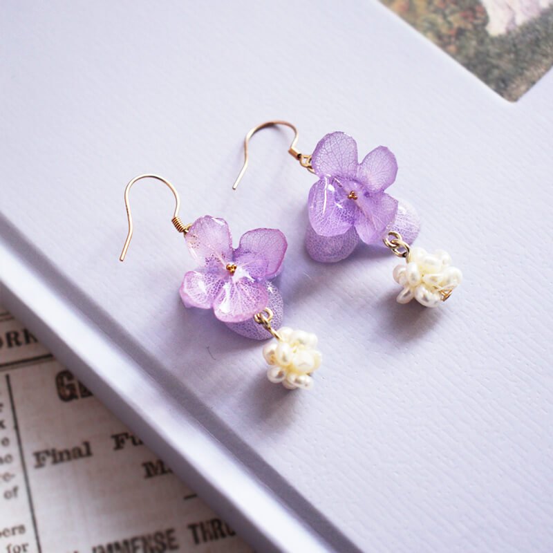 purple hydrangea hook earrings