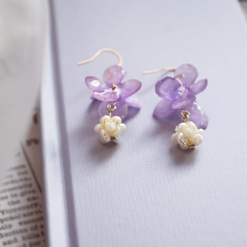 purple hydrangea hook earrings