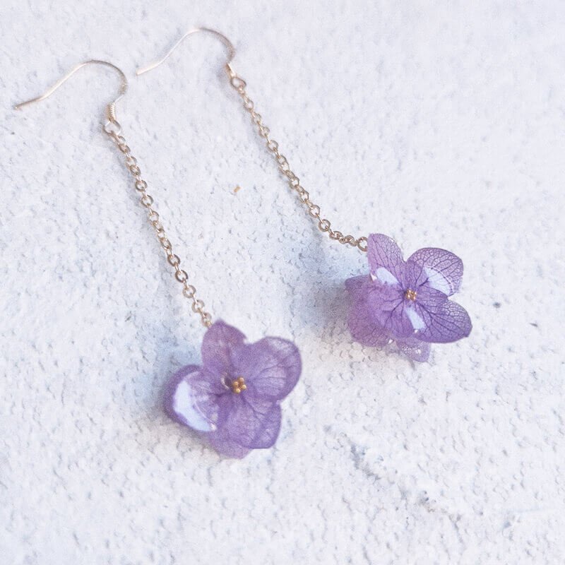 purple hydrangea long drop earrings