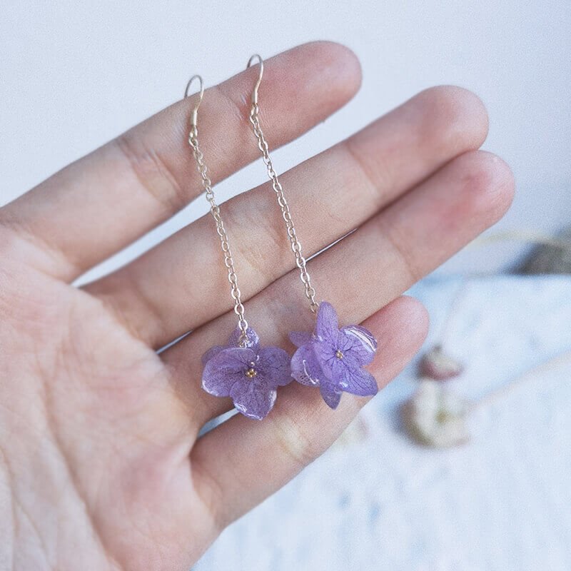 purple hydrangea long drop earrings