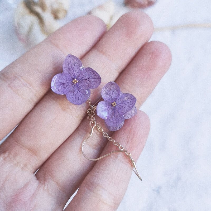 purple hydrangea long drop earrings