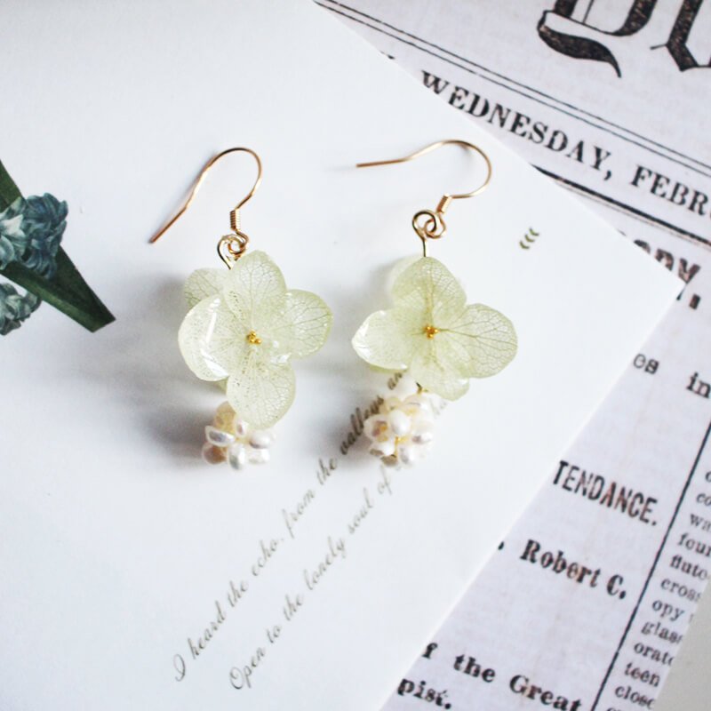 white hydrangea hook earrings