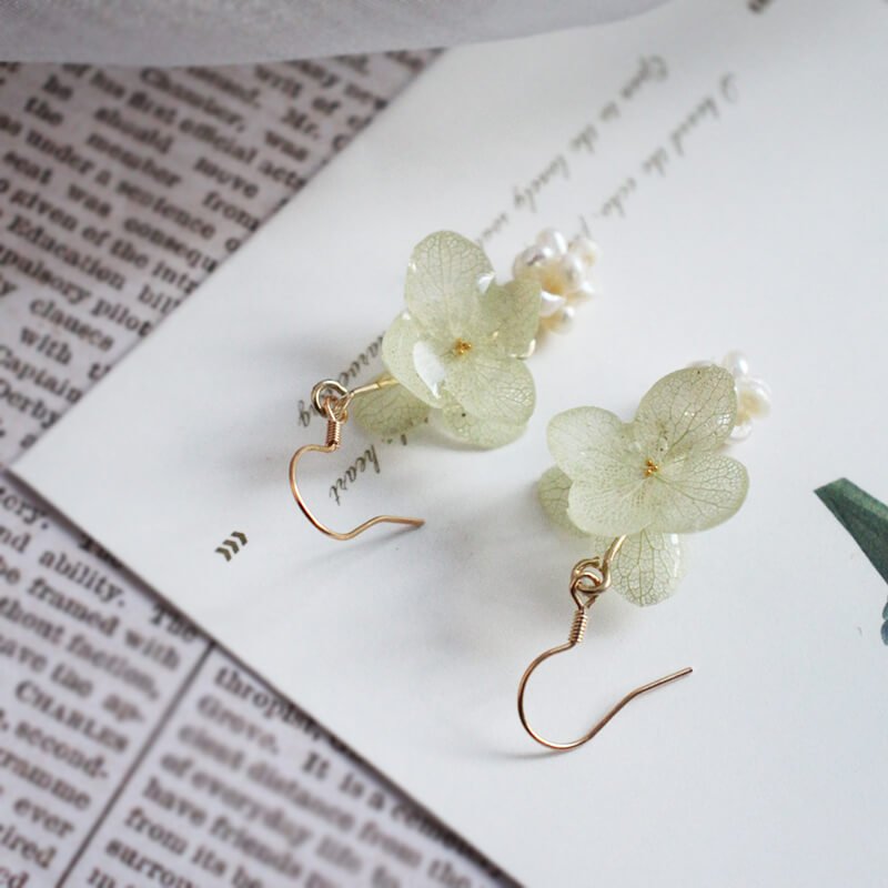 white hydrangea hook earrings
