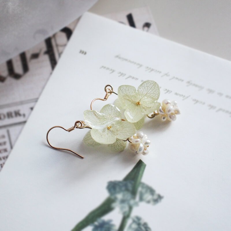white hydrangea hook earrings