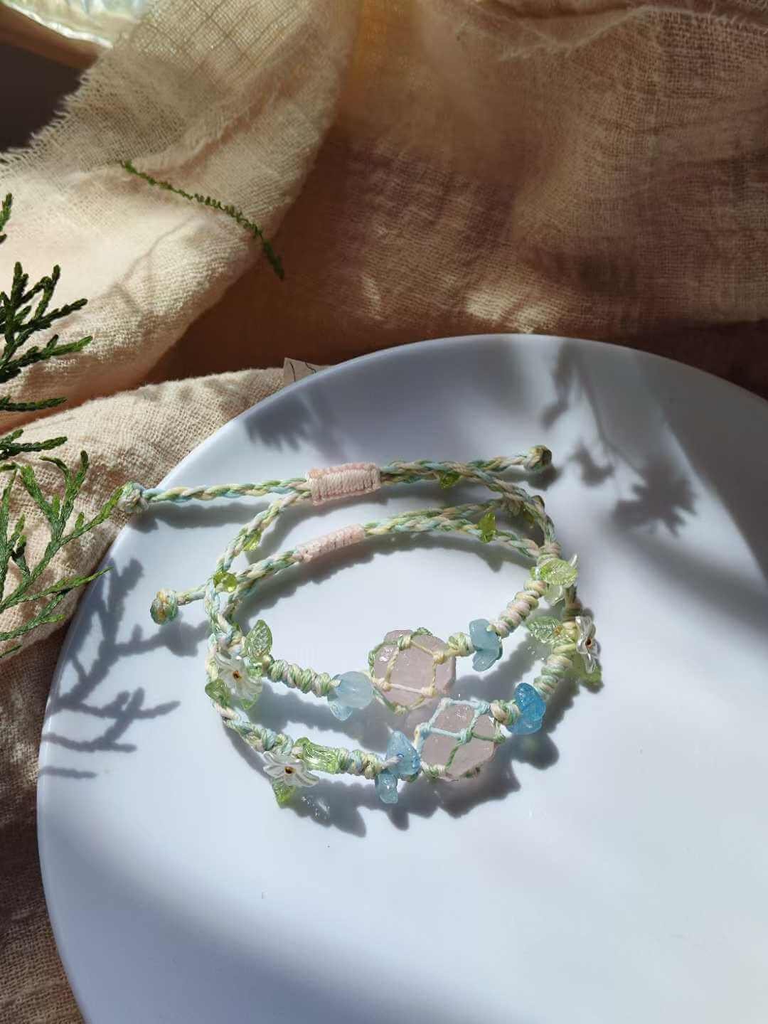 Rose Quartz Bracelet with Aquamarine Chips and Floral Leaf1