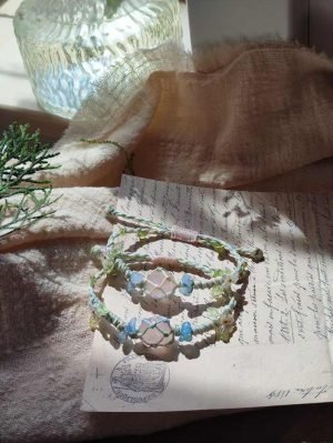 Rose Quartz Bracelet with Aquamarine Chips and Floral Leaf2