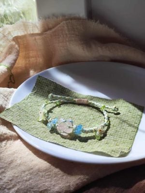 Rose Quartz Bracelet with Aquamarine Chips and Floral Leaf3