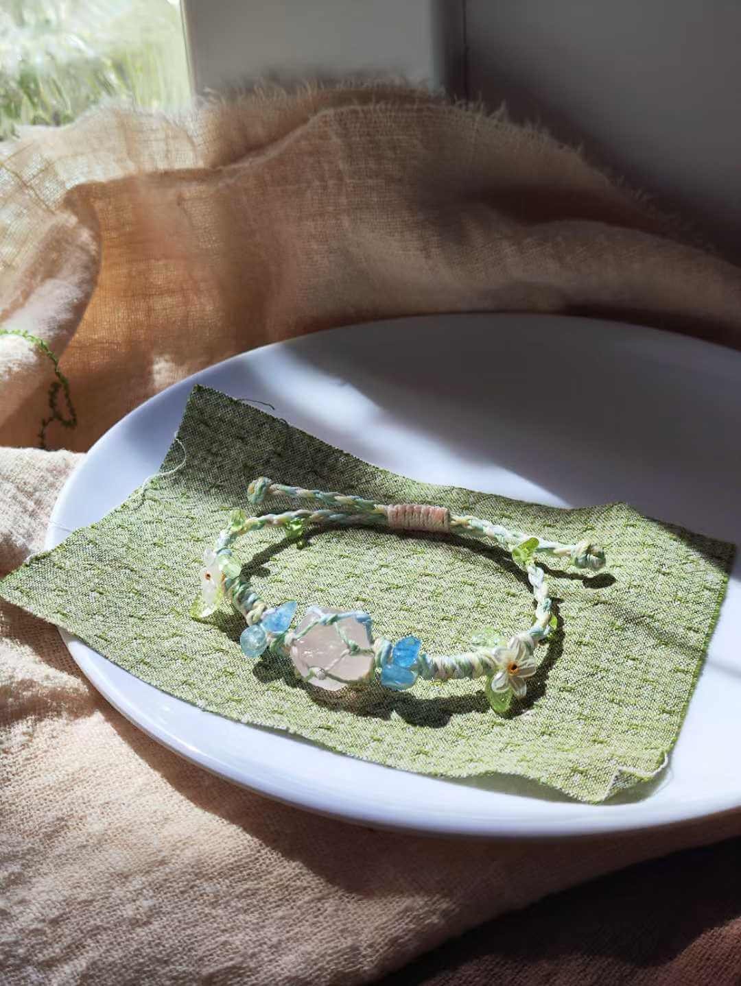 Rose Quartz Bracelet with Aquamarine Chips and Floral Leaf3